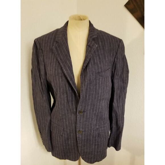 Zara Blazer US 36 Womens 100% Flax Blue White Striped Single Breasted - Picture 1 of 8